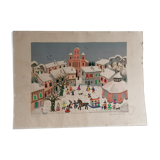 Lithography. Mady DE LA GIRAUDIERE (1922-2018) Naïve art . Signed. Numbered.