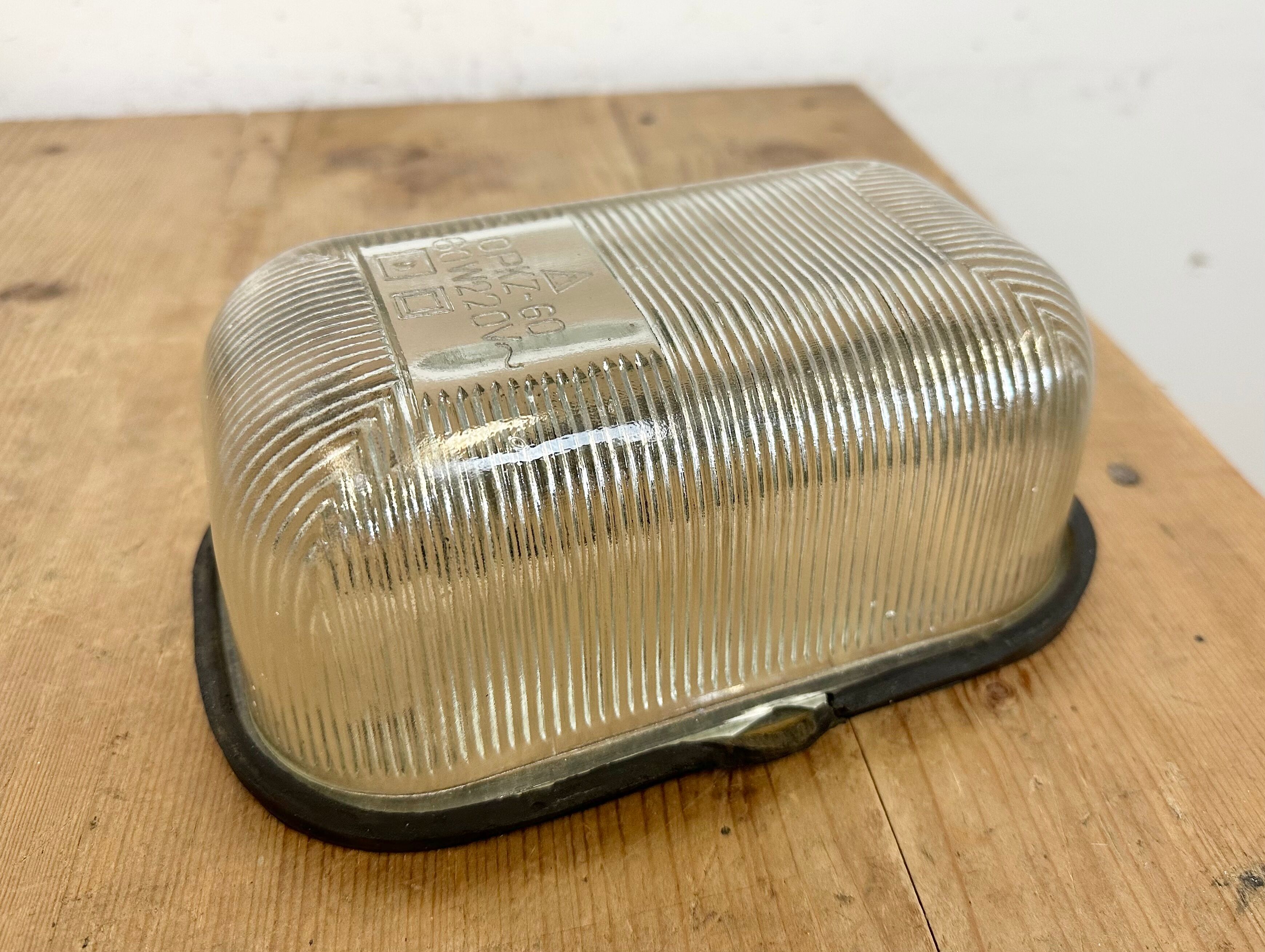 Industrial white porcelain cage wall light with ribbed glass, 1970s