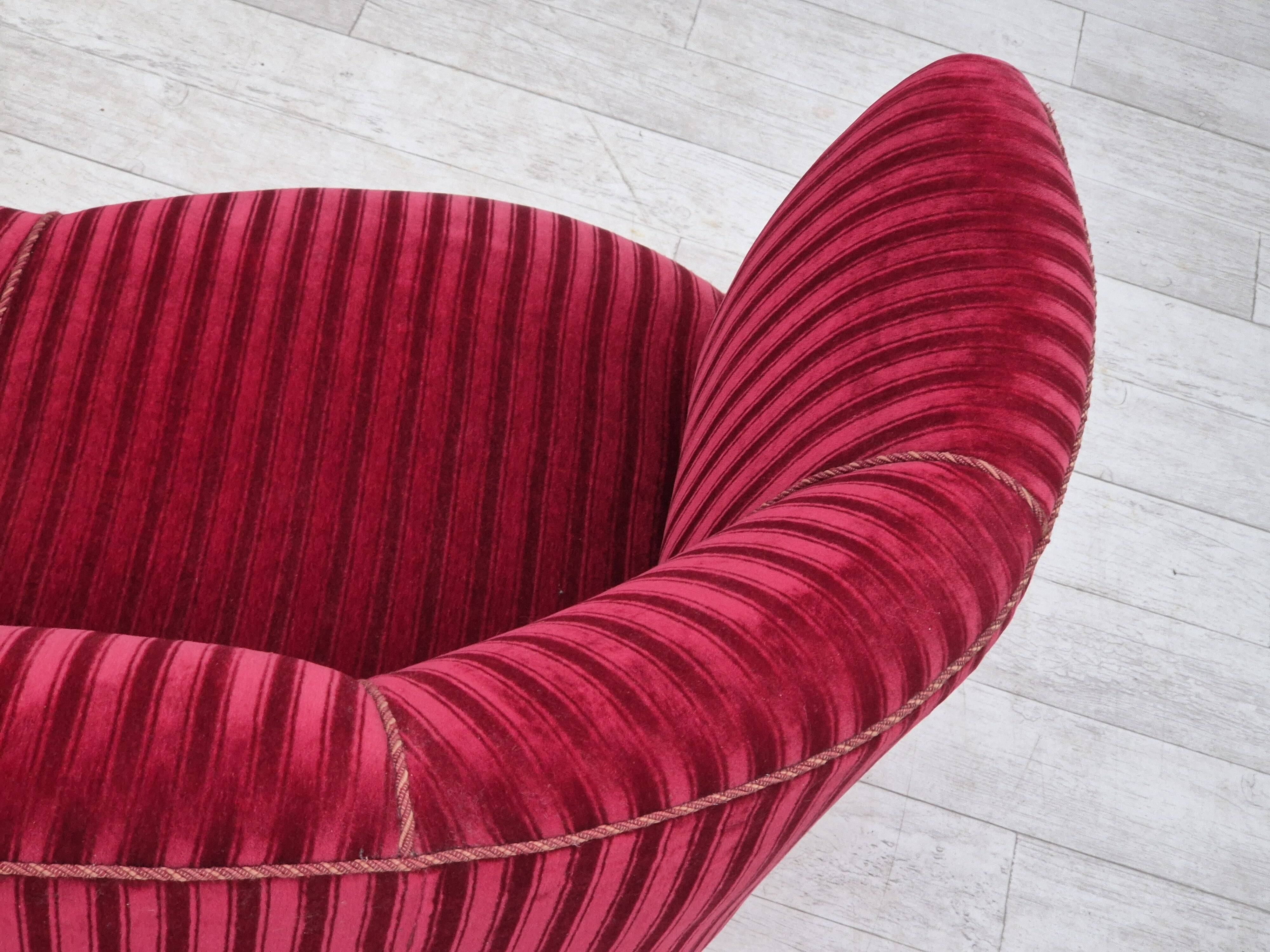 1960s, Danish 3-seater "Banan" sofa, original cherry-red furniture velour.
