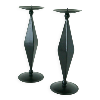 Pair of wooden and wrought iron candlesticks, Sculptural, 1970