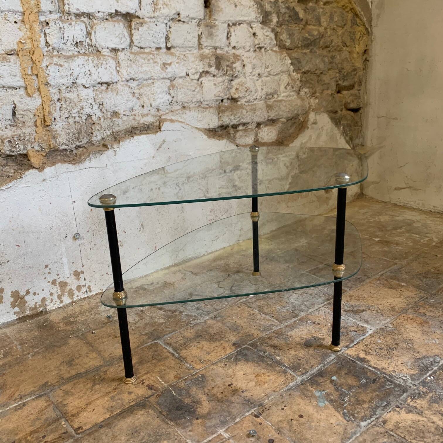Pair of two 1950s glass and metal coffee tables, in the style of Edoardo Paoli