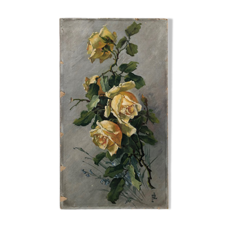 Oil on cardboard, roses signed PL, early 20th century