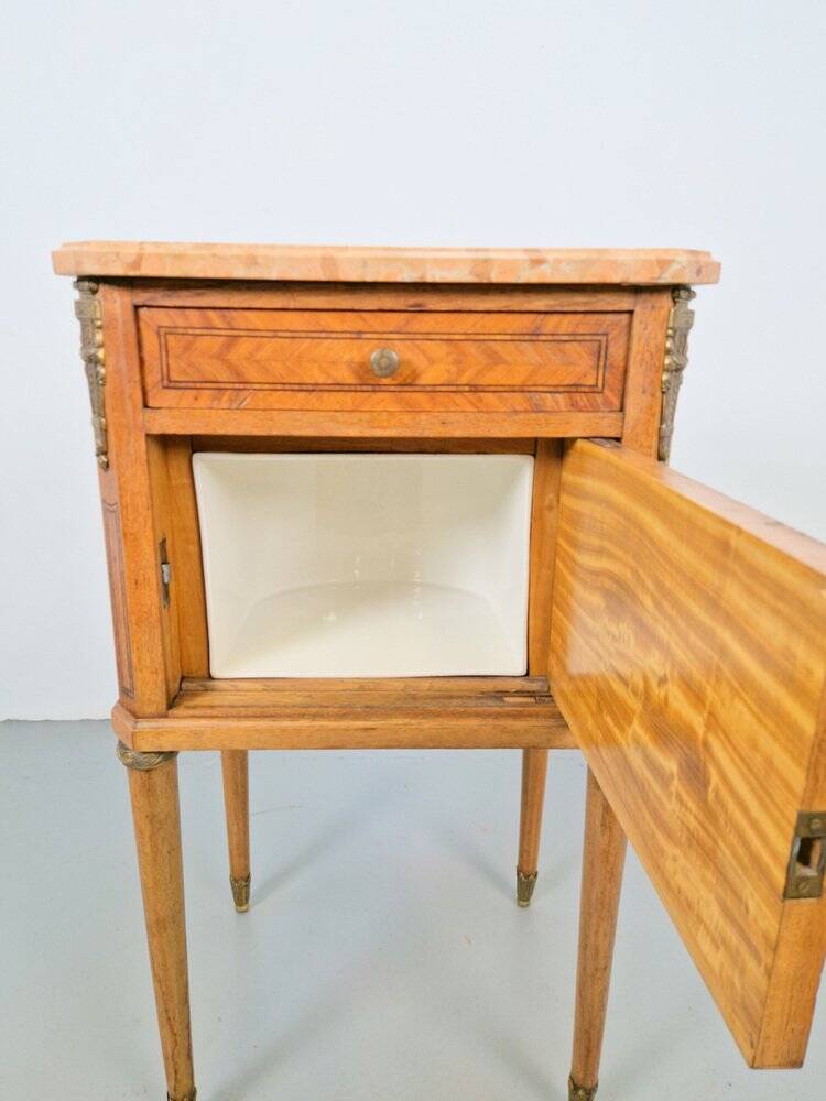 Vintage French Bedside Table with Marble Top and Brass Ornaments, 1920s