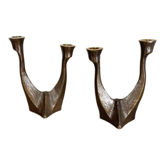 set of 2 Midcentury Brutalist Bronze Candleholder, Michael Harjes, Germany 1960s