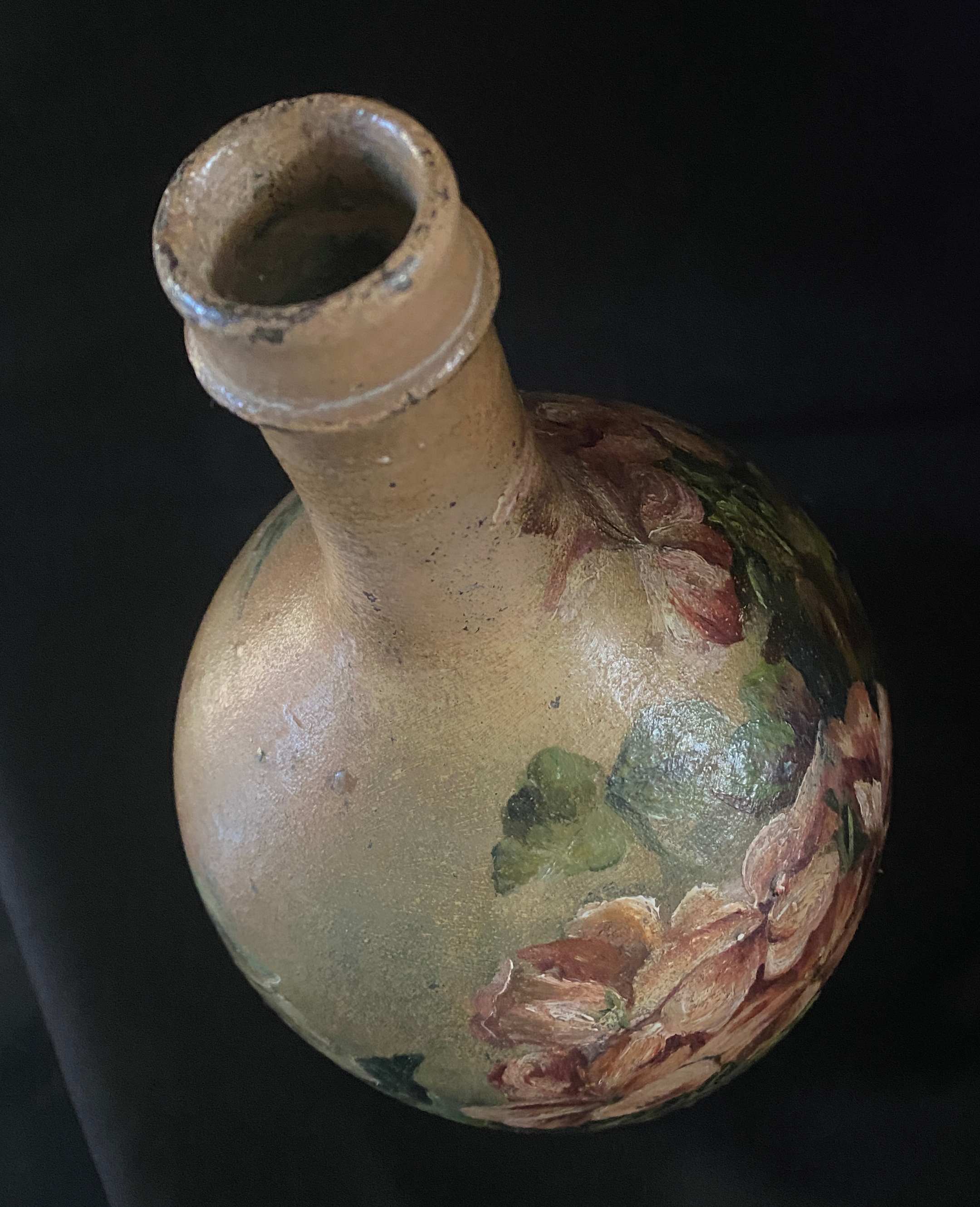 Beautiful bottle A ancient sandstone painted with floral motifs Folk art Puisaye