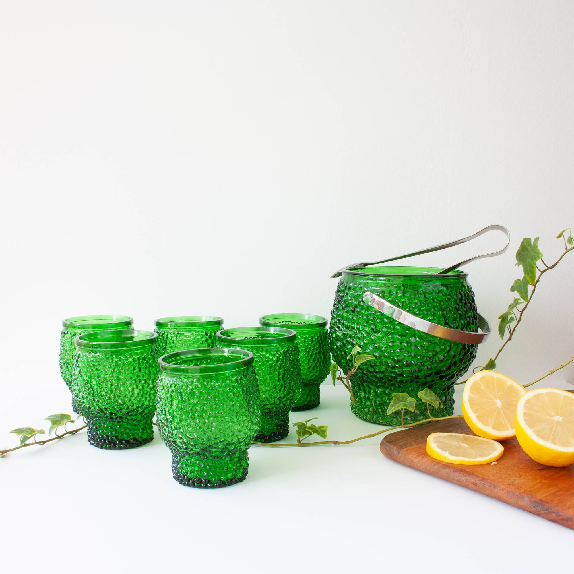 Vintage Green Set of 6 Cocktail bubble glasses, ice bucket and ice clamps