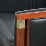 Black leather and wooden Art Deco design armchair