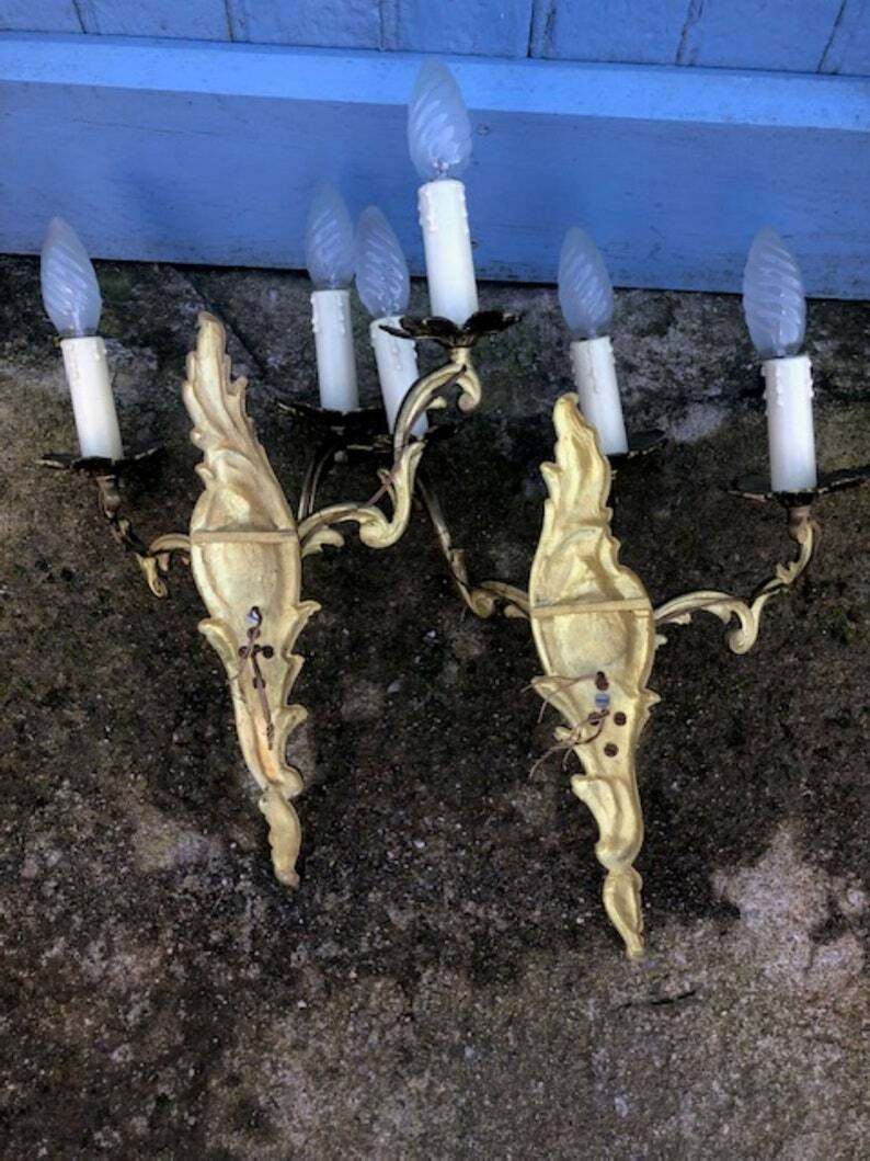 Pair of French Vintage Rococo Gilt Bronze Wall Sconces: Ornate 3-Arm Lamps
