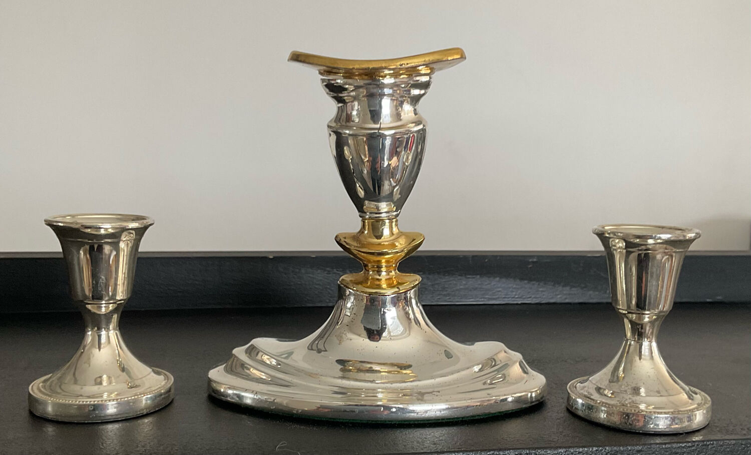 Trio de bougeoirs vintage en métal argenté et doré années 70