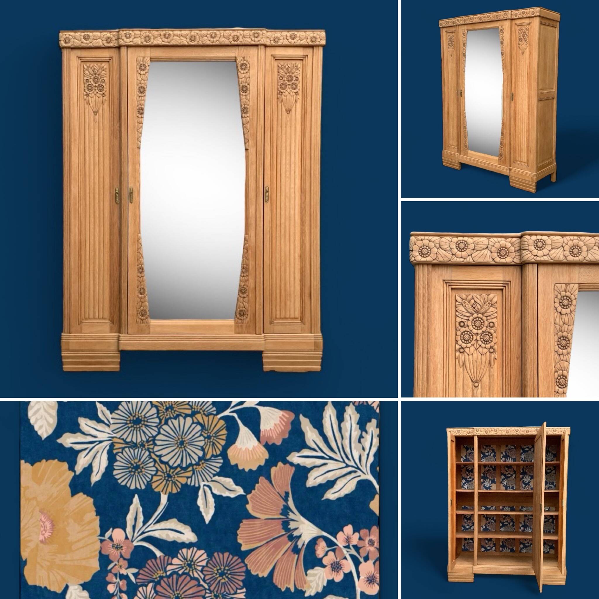 Parisian Art Deco style wardrobe in solid raw oak, 1950