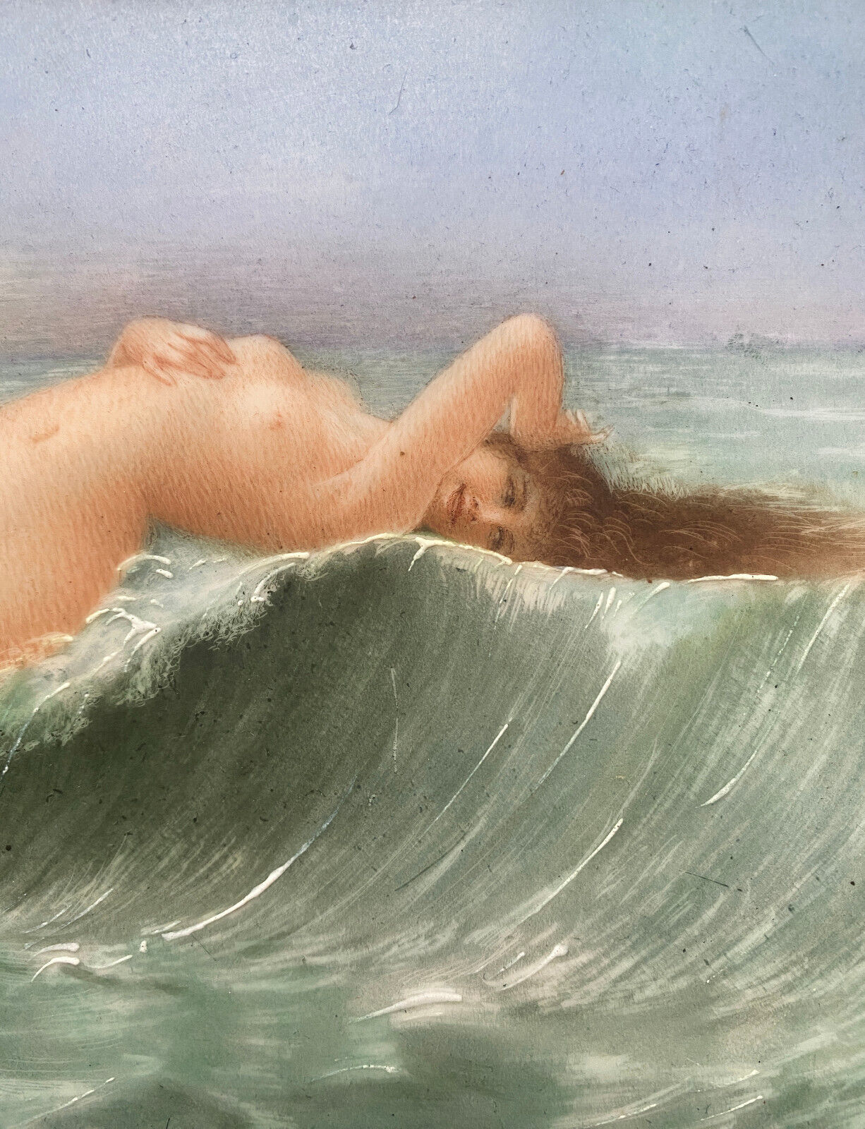 Painting HSCéramique "Nue sur la vague" signed M. Damon 1918 + frame