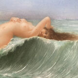 Painting HSCéramique "Nue sur la vague" signed M. Damon 1918 + frame