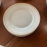 Lot of six flat plates, crockery, old white, gilded