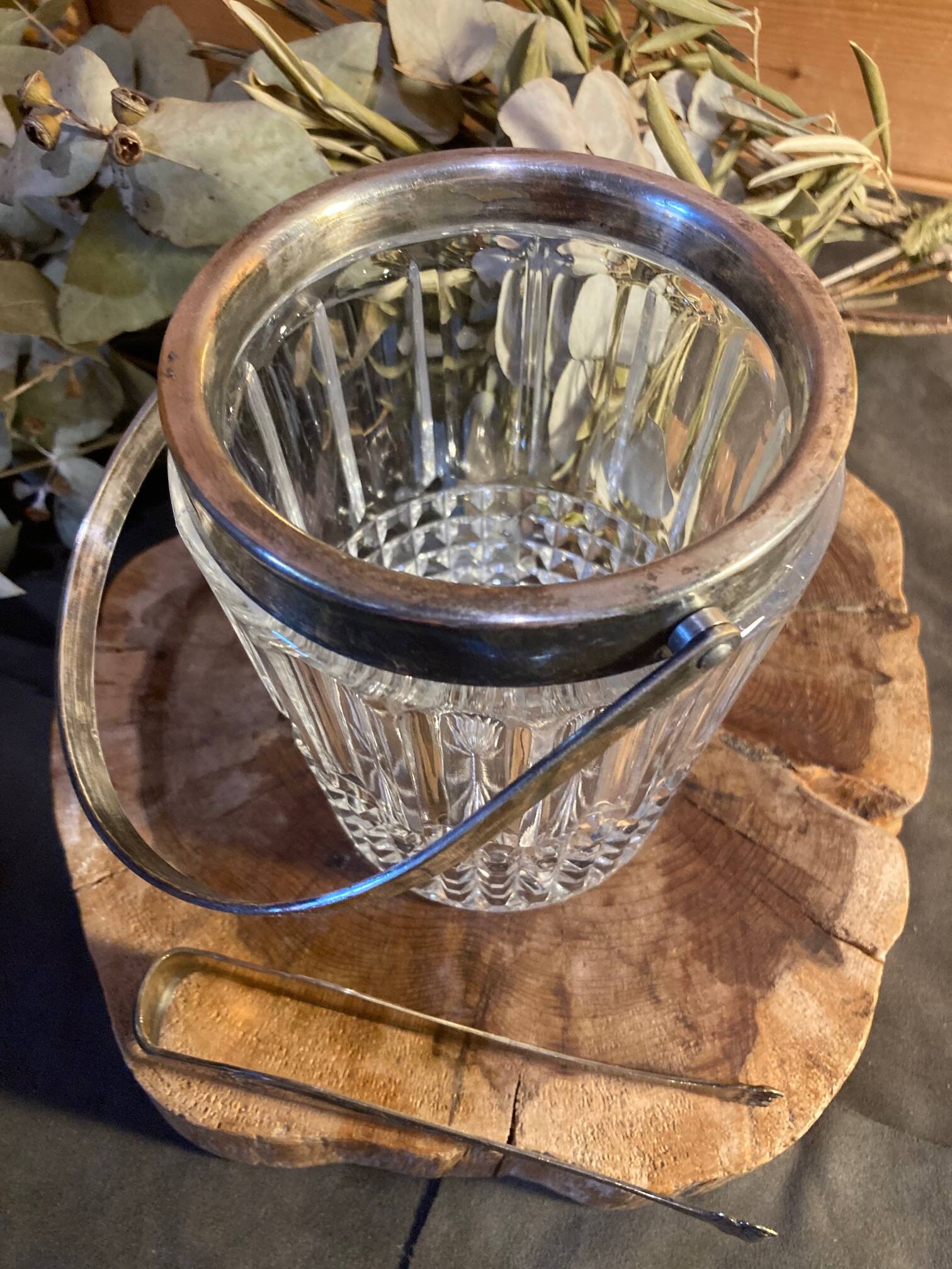 Crystal and silver-plated metal ice bucket + wine tableware tongs