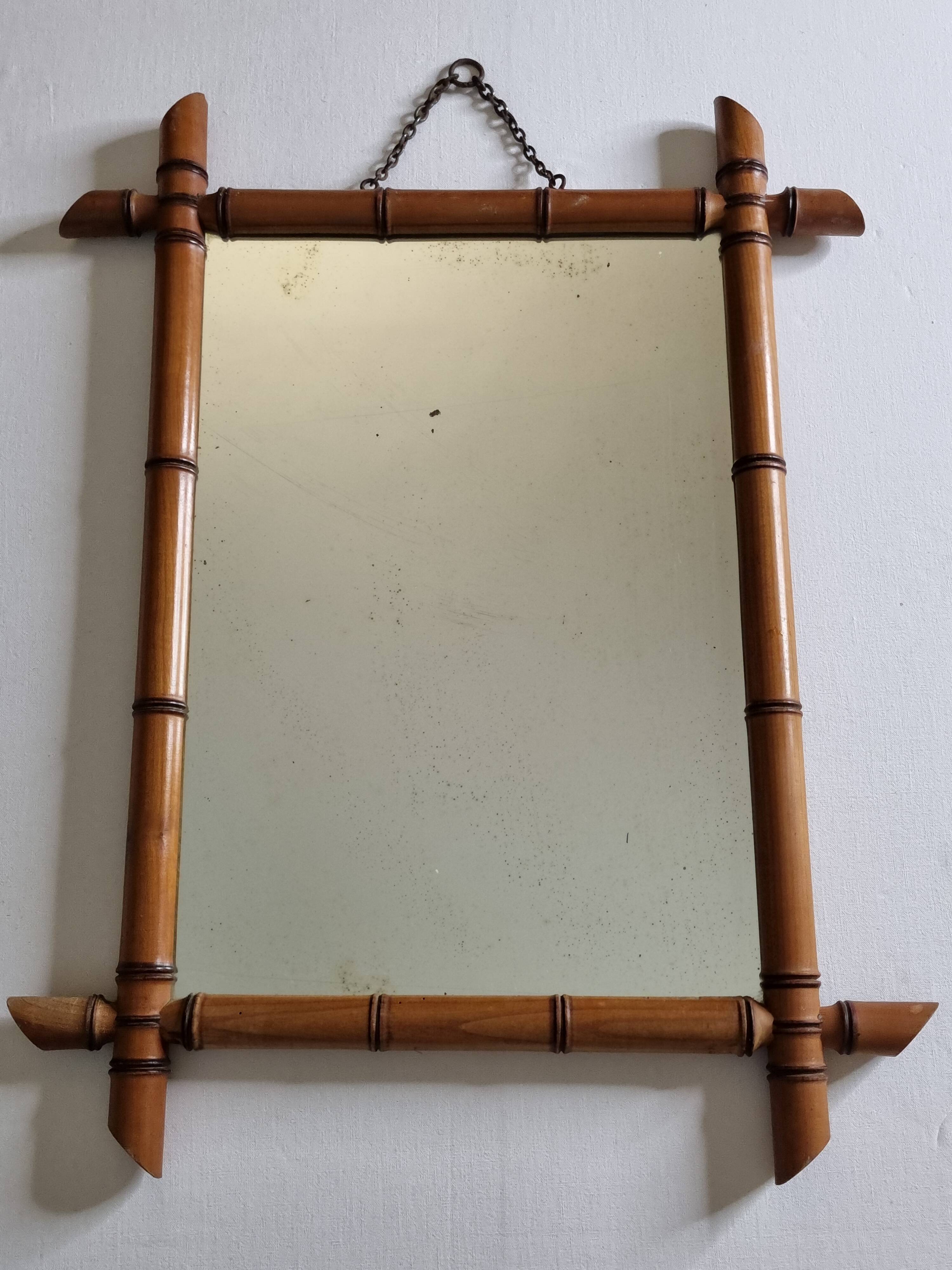 Turned wooden mirror in imitation of bamboo, from the 40s-50s, 43 x 57 cm