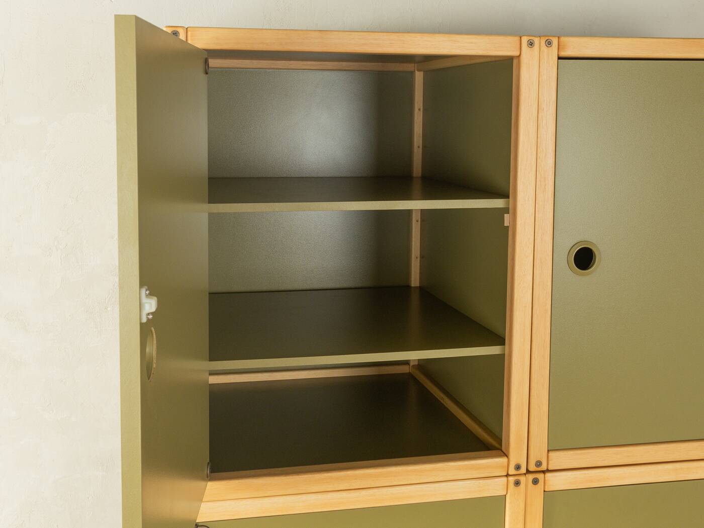 Système d'armoires Flötotto, années 1970, vert, hêtre, 4 pièces