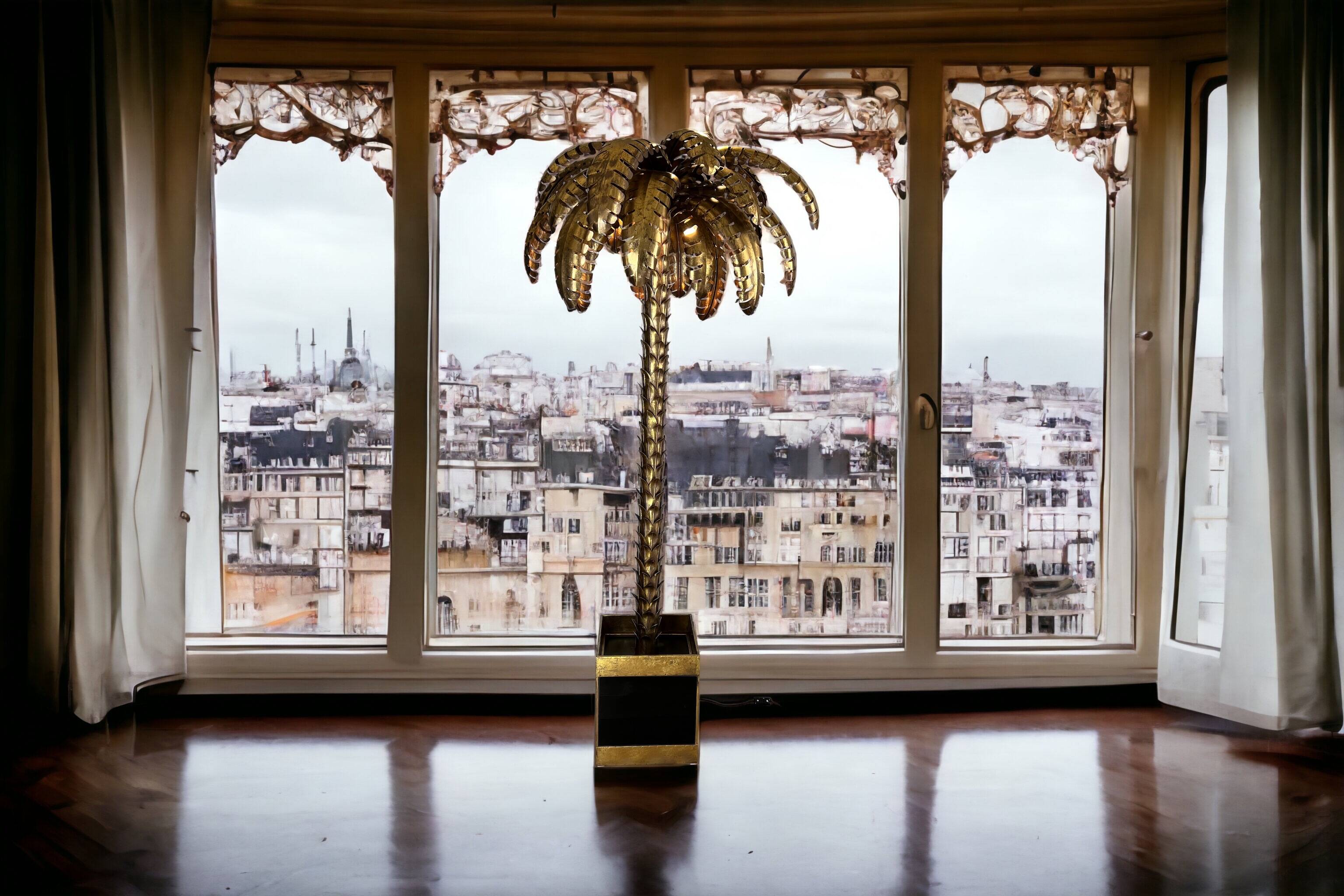 Lampadaire de style " Jansen " en forme de palmier en métal doré de 181 cm