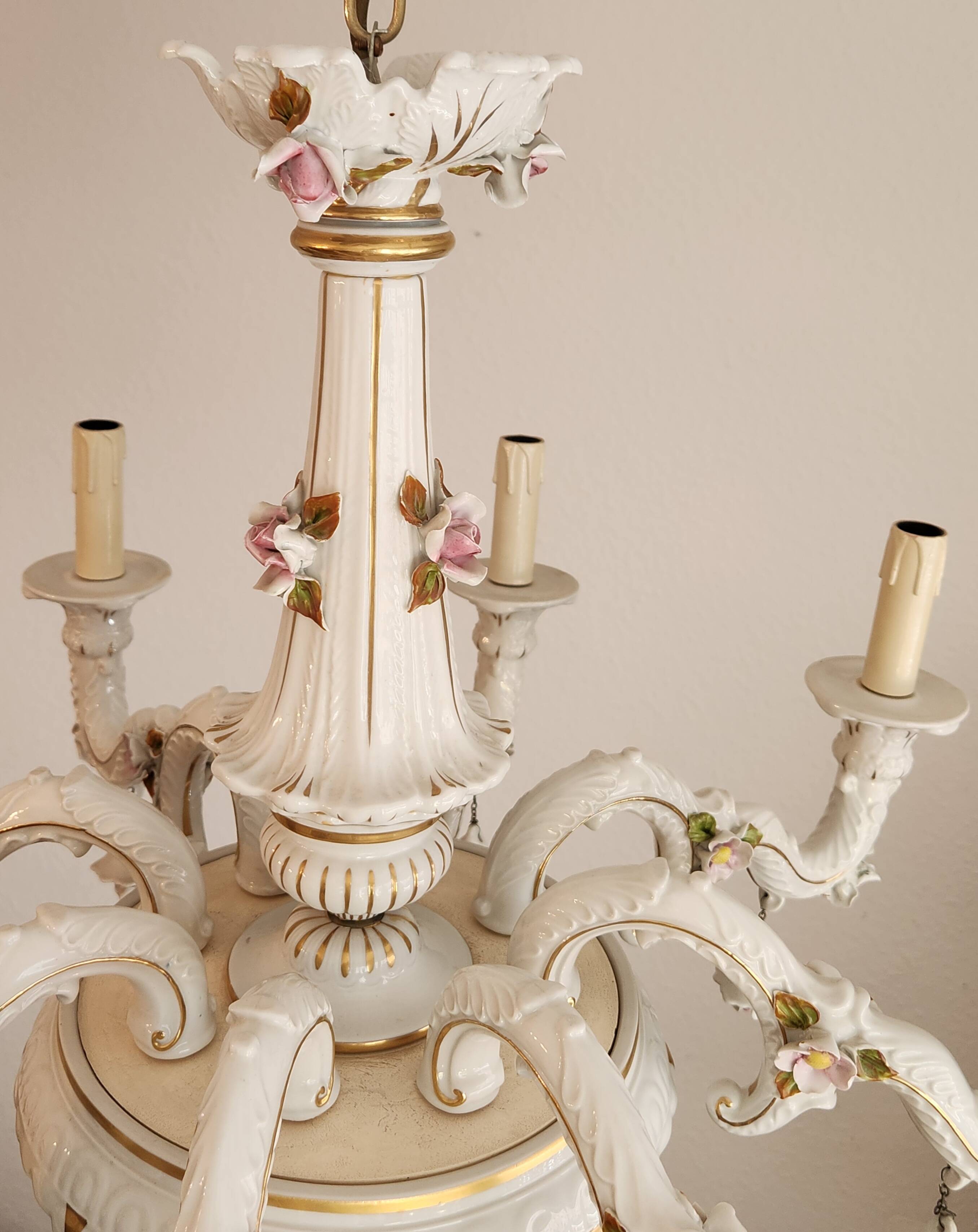 Large hand-painted gilded chandelier mangani ceramiche porcelain