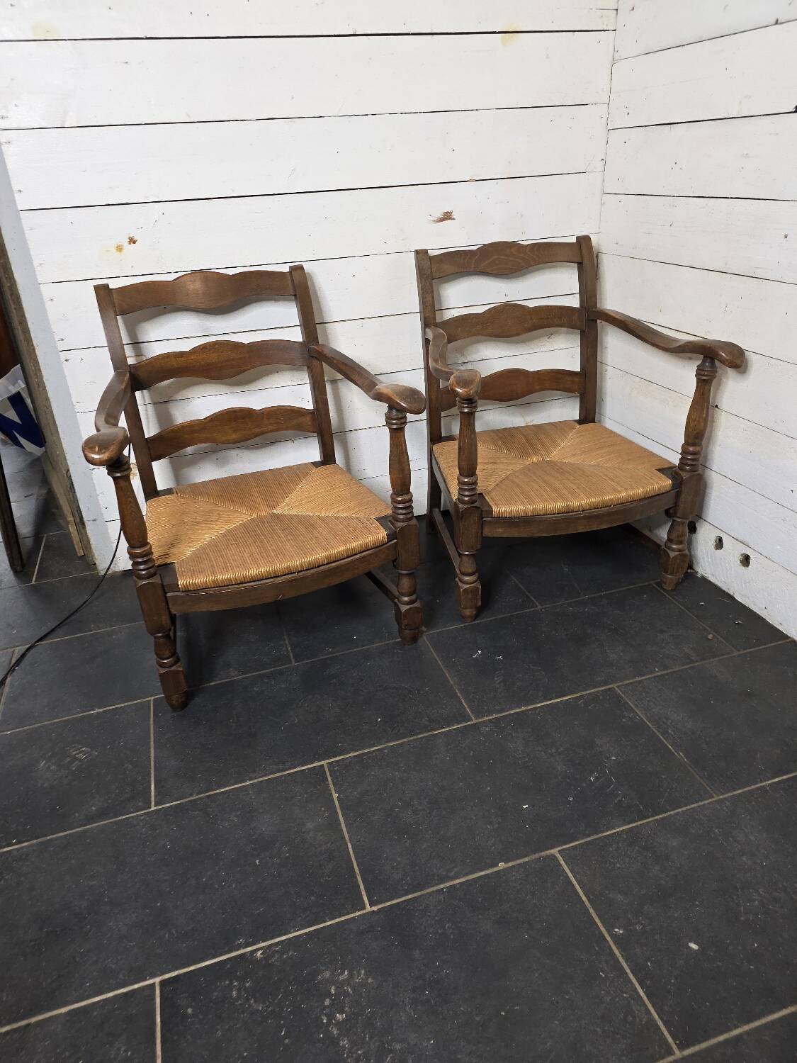Pair of low beech armchairs