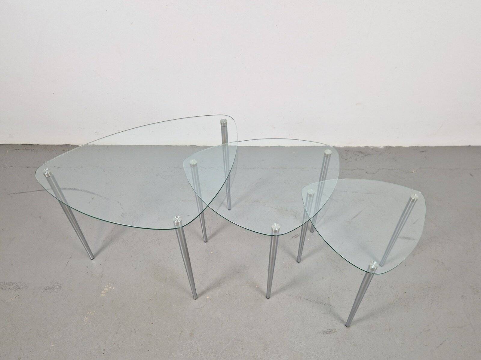 Triangular Nesting Tables in Glass and Metal, 1970s, Set of 3