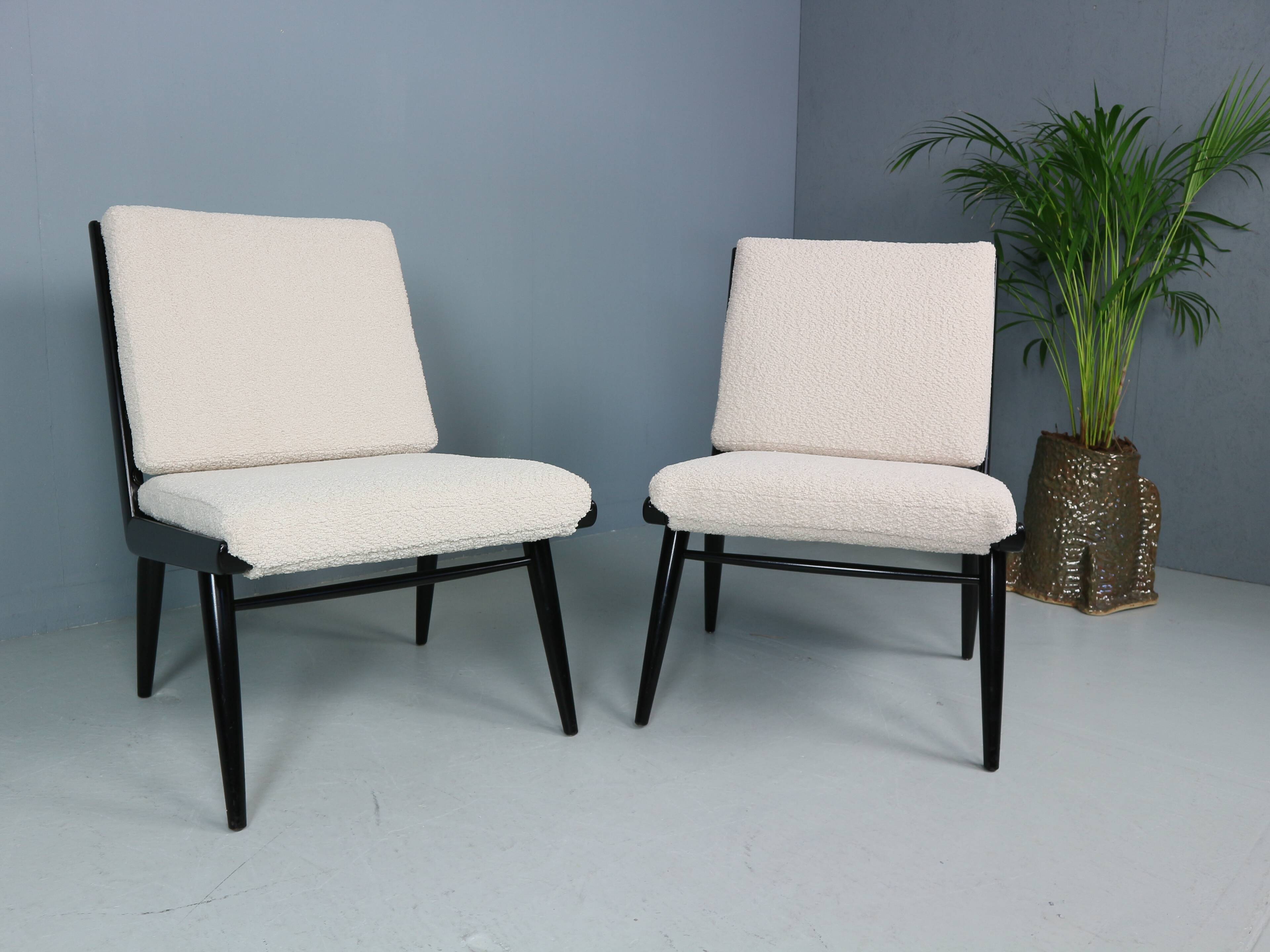 2x 'boomerang' h. mitzlaff, e. schmidt for soloform, bouclé lounge chairs, 1953