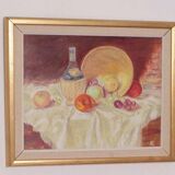 Original Swedish oil on canvas – “Still Life with Fruit and Bottle” by A.K. – vintage & framed – 40 × 48 cm (15.7" × 18.9")