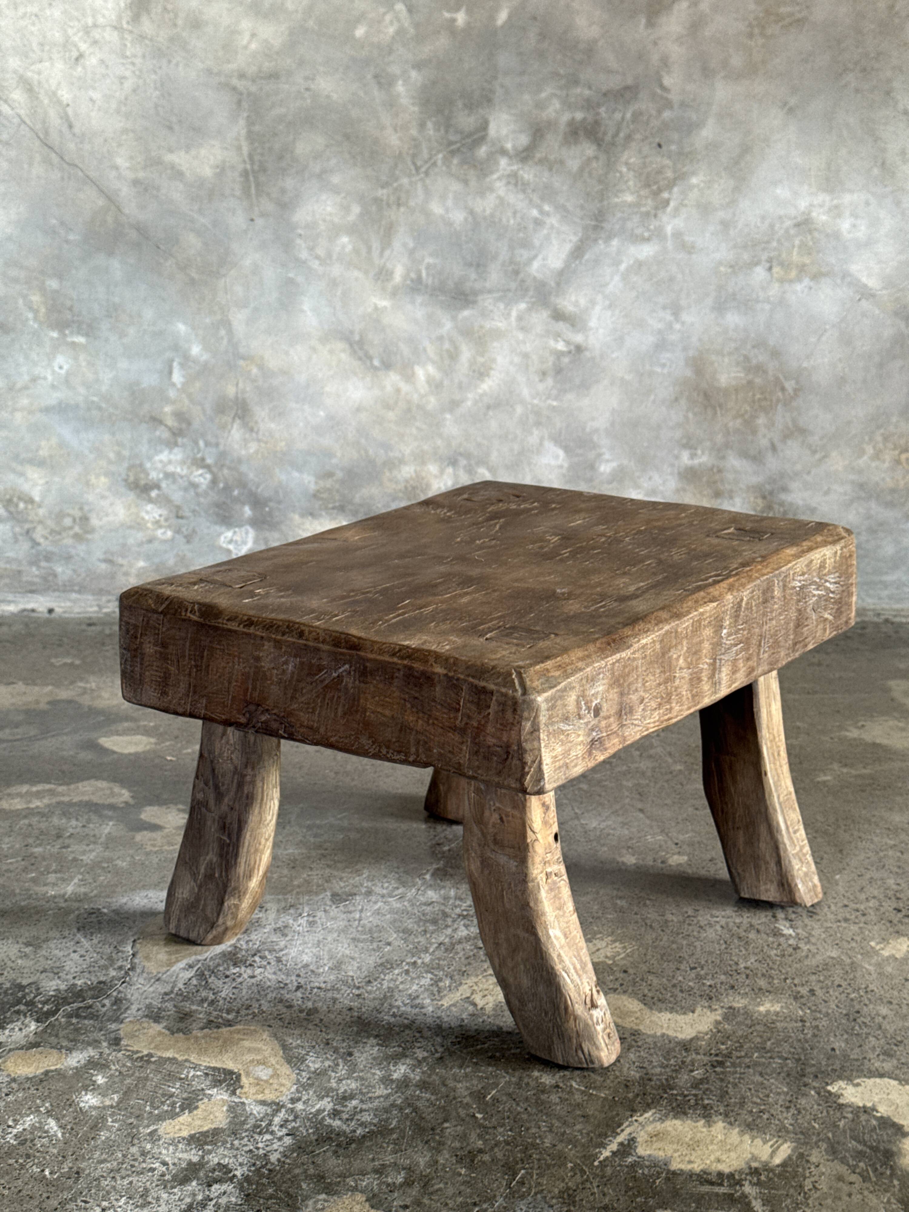 Small stool, rectangular accent stool in solid teak wabi-sabi H26