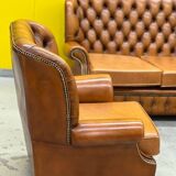 Vintage Chesterfield Brown Leather High Back sofa and Armchairs, Set of 3