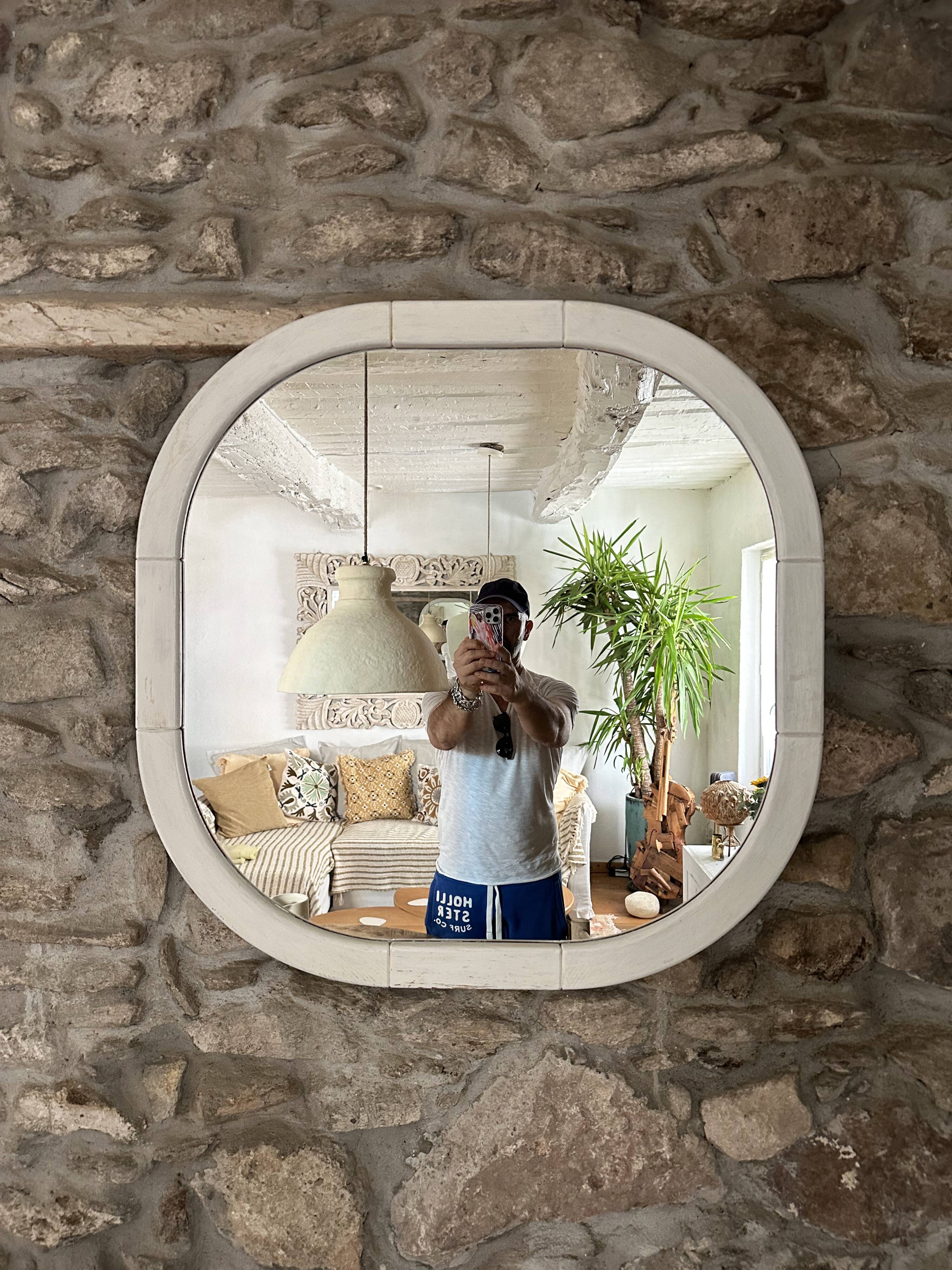 Scandinavian Space Age mirror in patinated white wood, 1970s