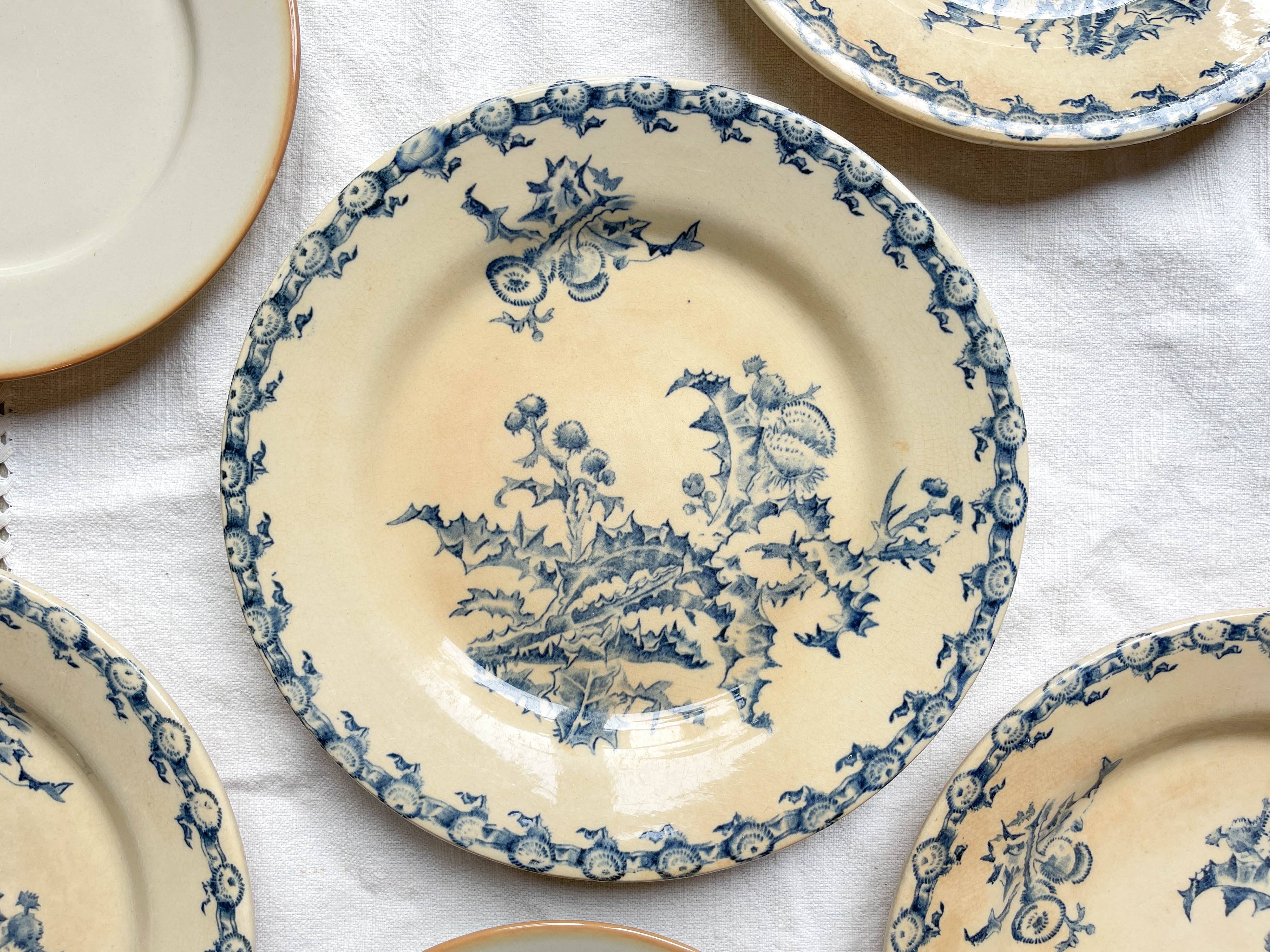 4 Gien Thistle ironstone plates + 4 small mismatched Tulowice stoneware plates