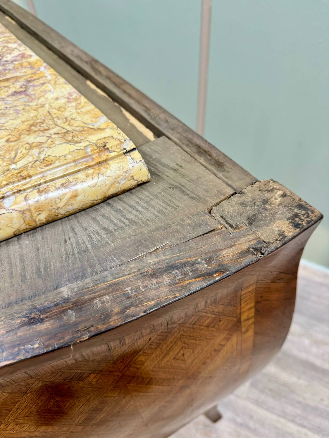 Curved sauteuse commode in stamped marquetry louis xv style xix eme century