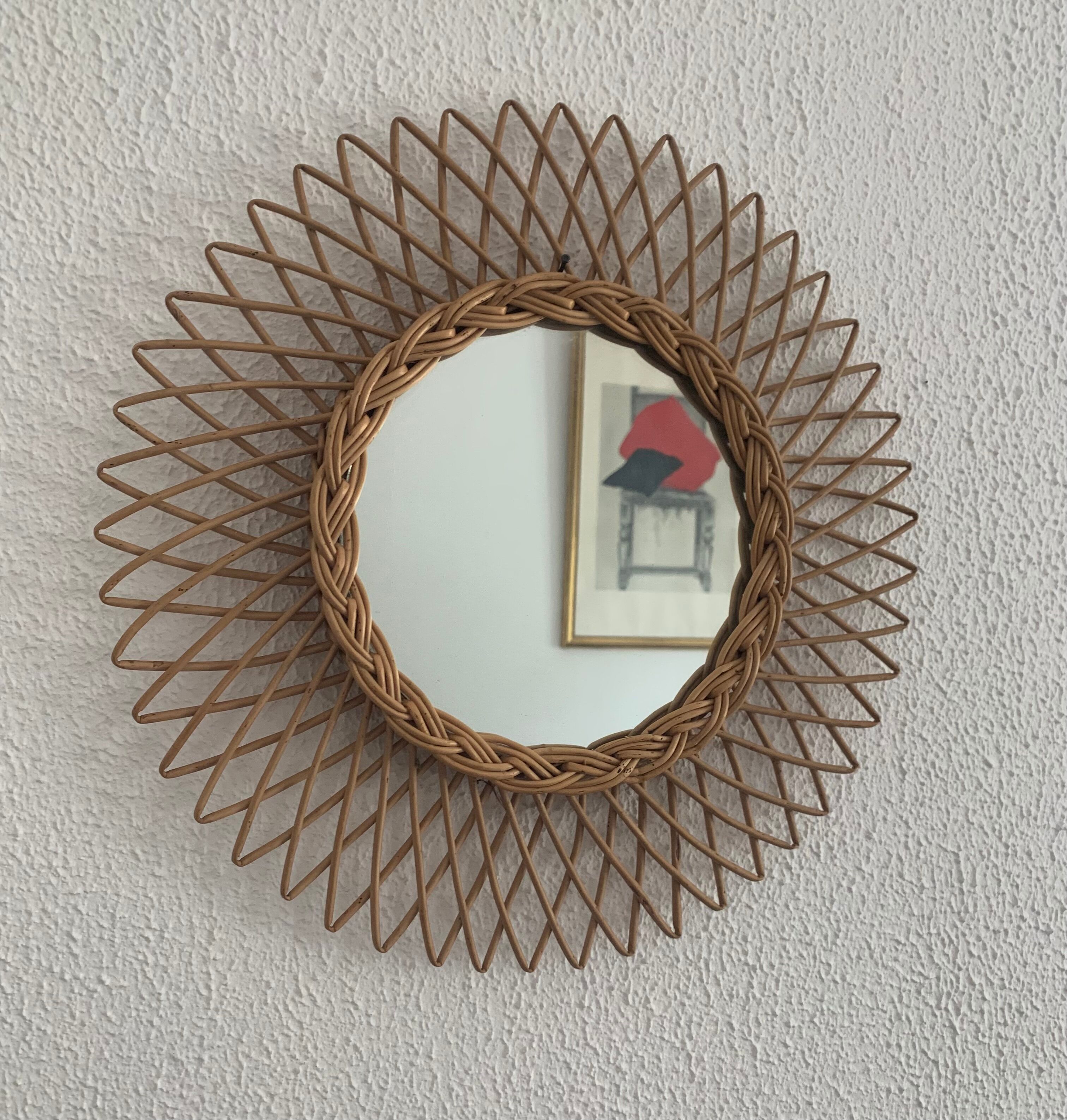 Vintage mirror 1960 sun rattan wicker - 40 cm