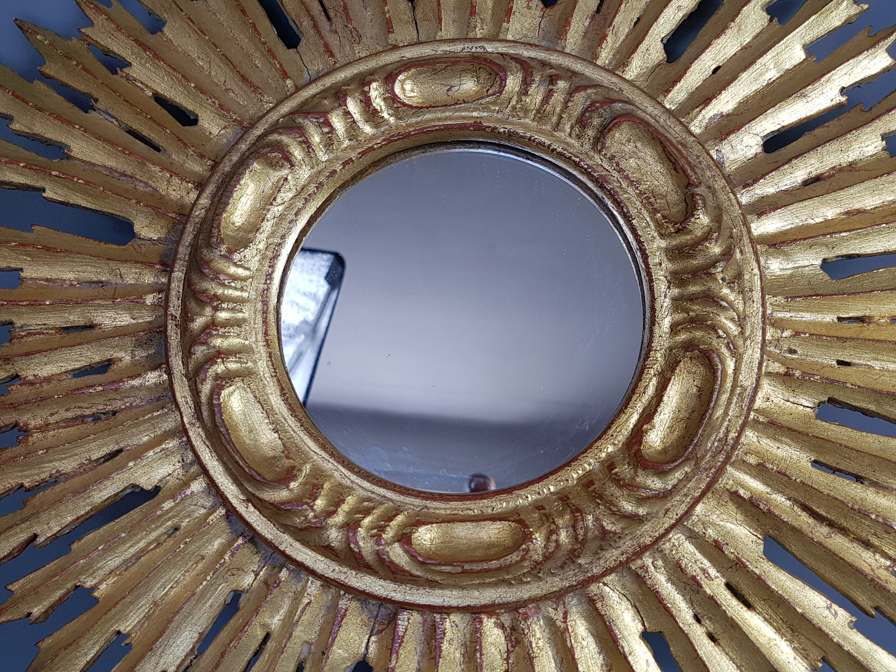 Sun mirror gilded with gold leaf Vintage 50s 42cm