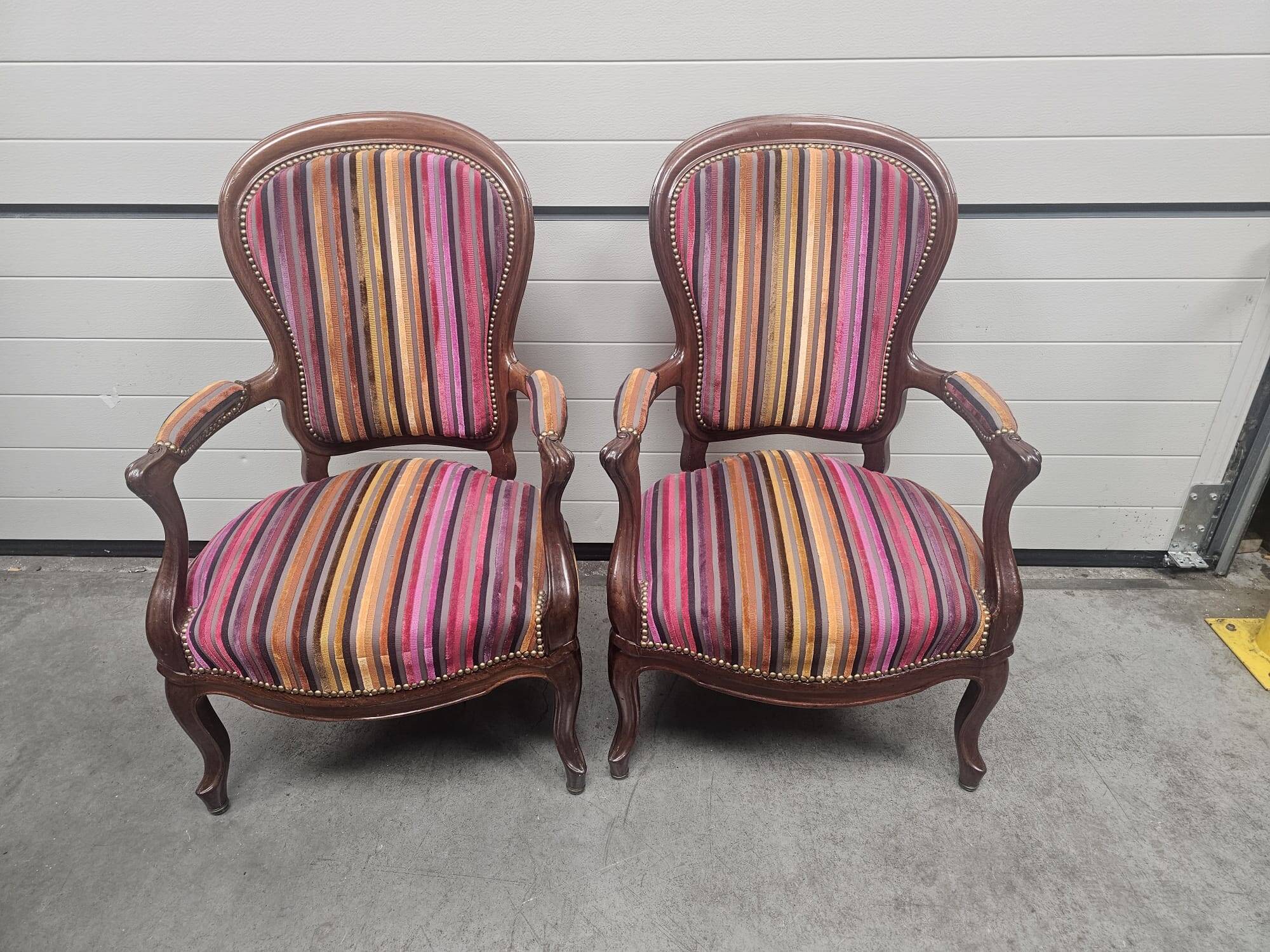 Pair of Louis Philippe armchairs in multi-colored striped velvet