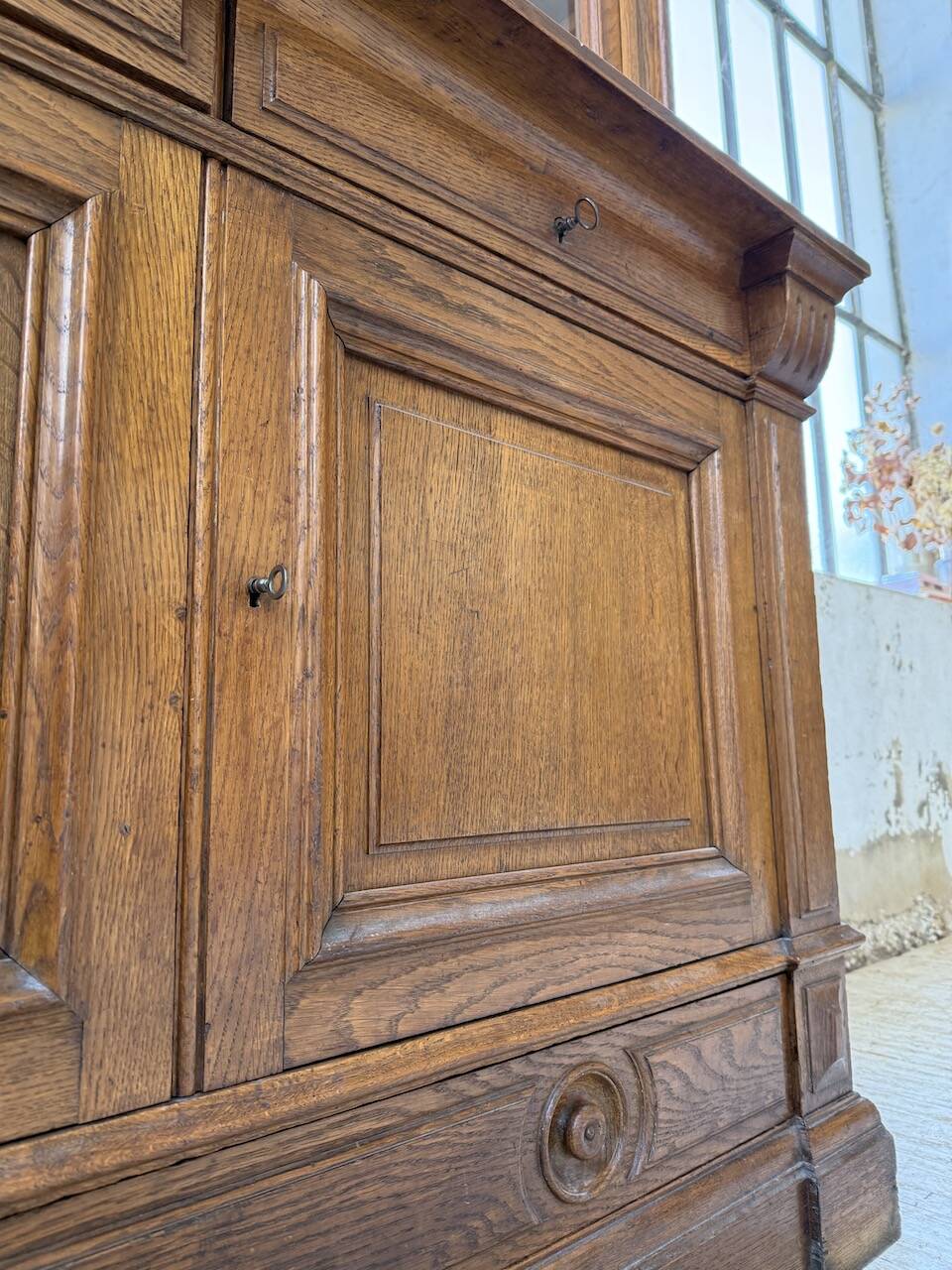 Antique XL Napoleonic oak glass bookcase, 19th century