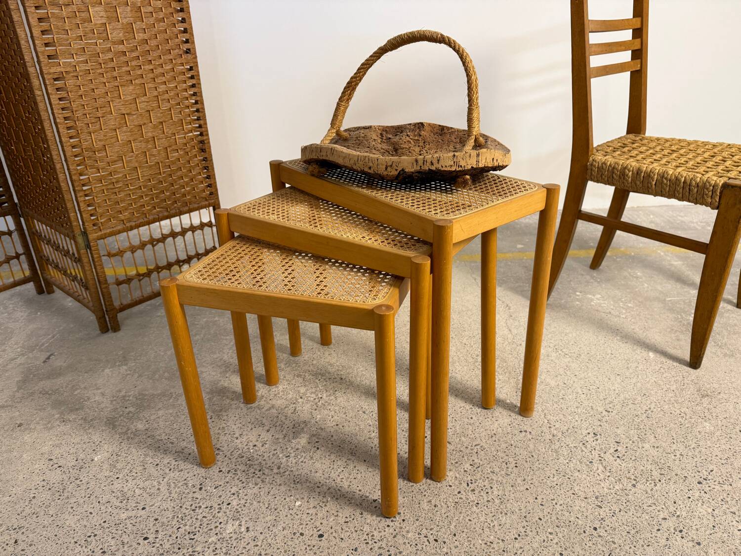 Set of Scandinavian nesting tables in wood and cane – 1960s