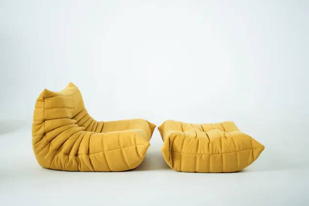 Togo Chair and Pouf Set in Yellow Tweed