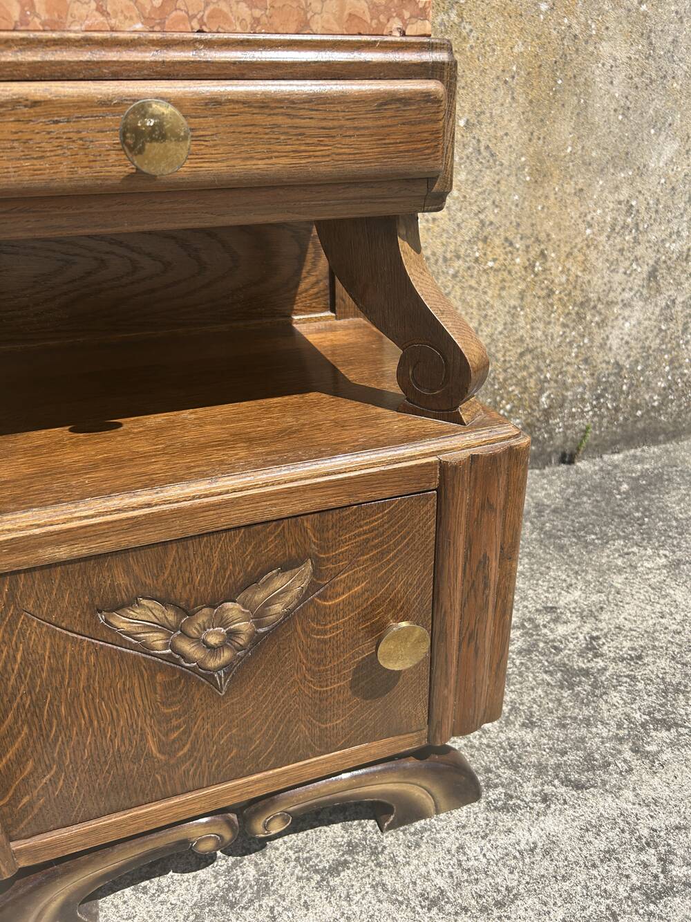 Pair of bedside tables, 1930s, 1940s, solid wood and marble