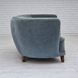 Canapé 2 places incurvé danois des années 1970, revêtement en velours bleu.