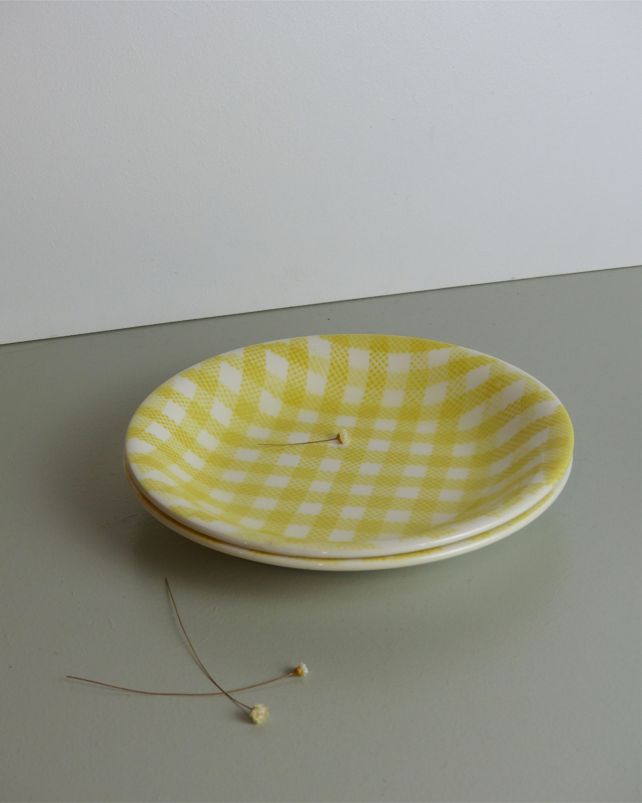 Set of two yellow and white Salins gingham plates