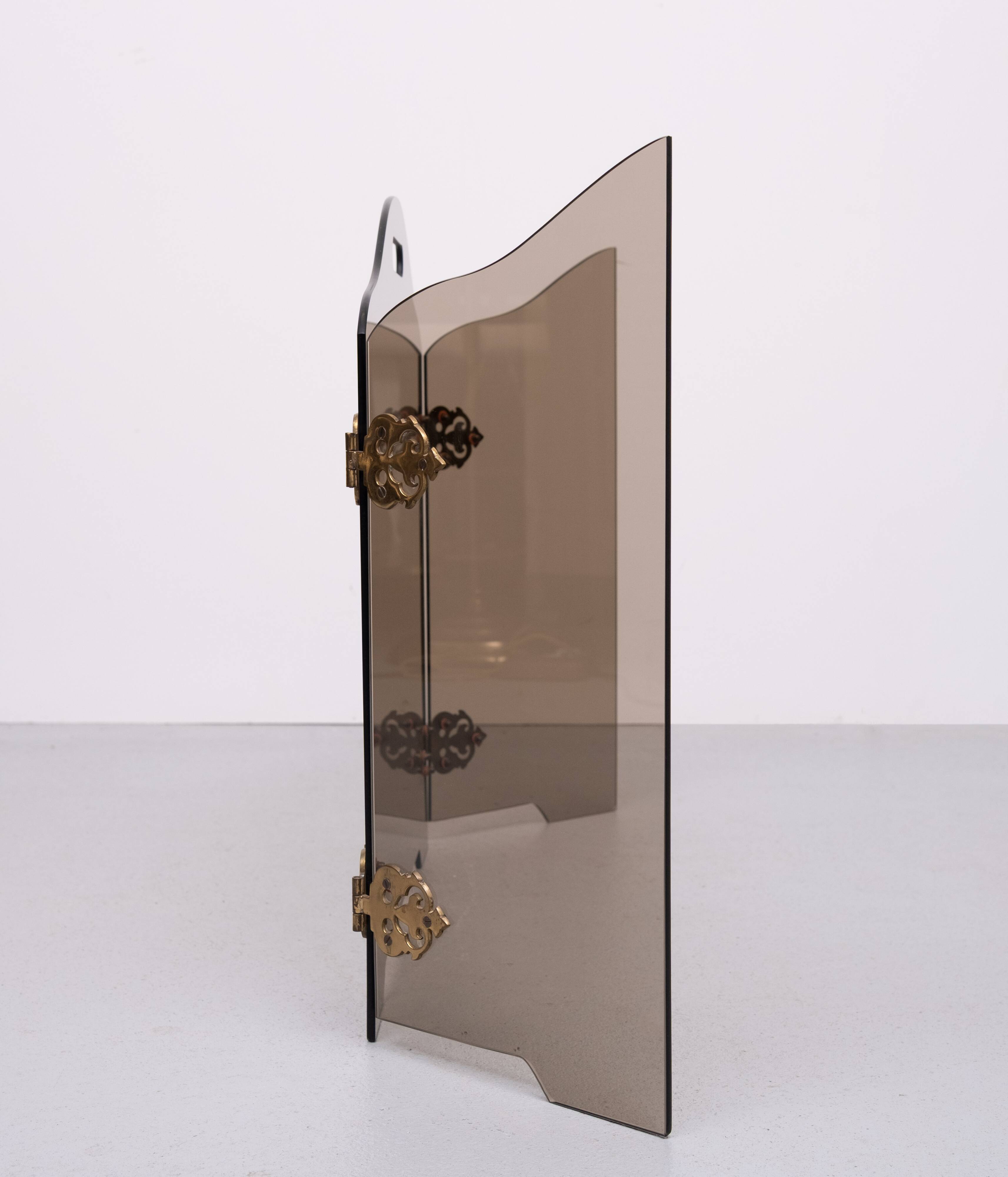 Triptyque pliant en verre fumé, pare-feu des années 1950