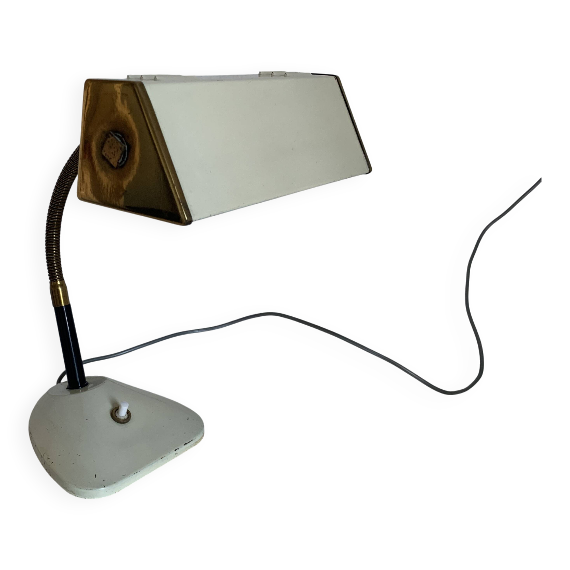 Lampe de bureau en métal laqué écru et doré, 1950