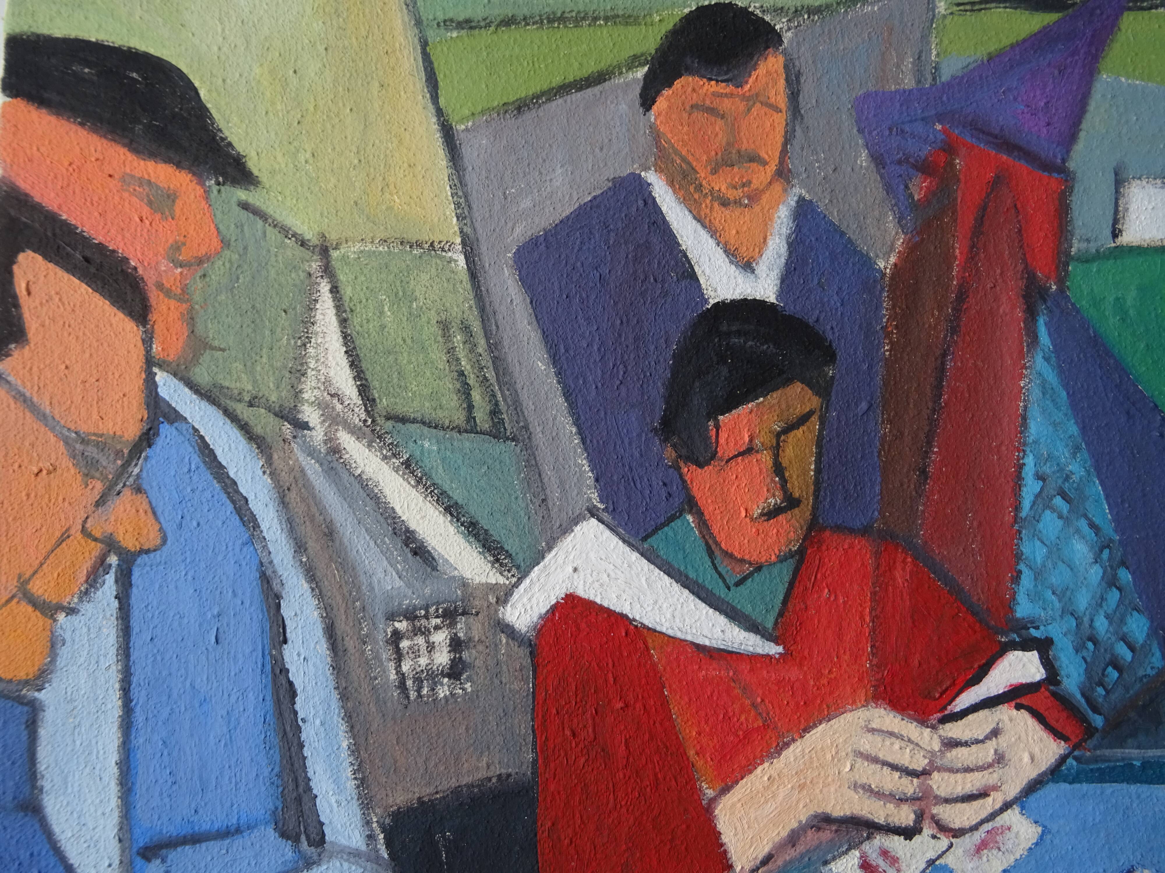 Painting The Card Players Canvas signed Nady Bachès year 60/70