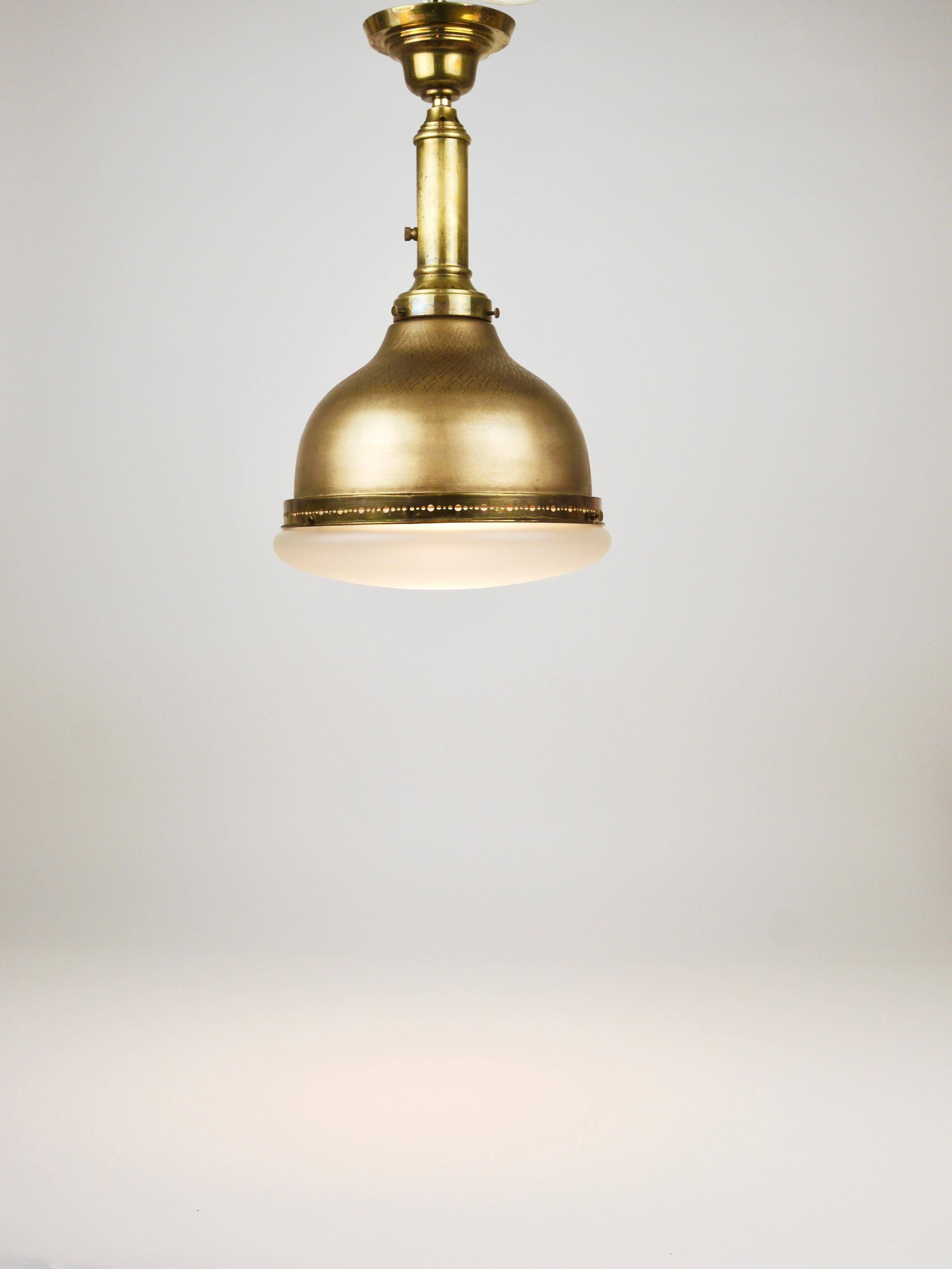 Art Nouveau pendant lamp in brass and glass from the 1920s, ceiling light, Jena, Germany.
