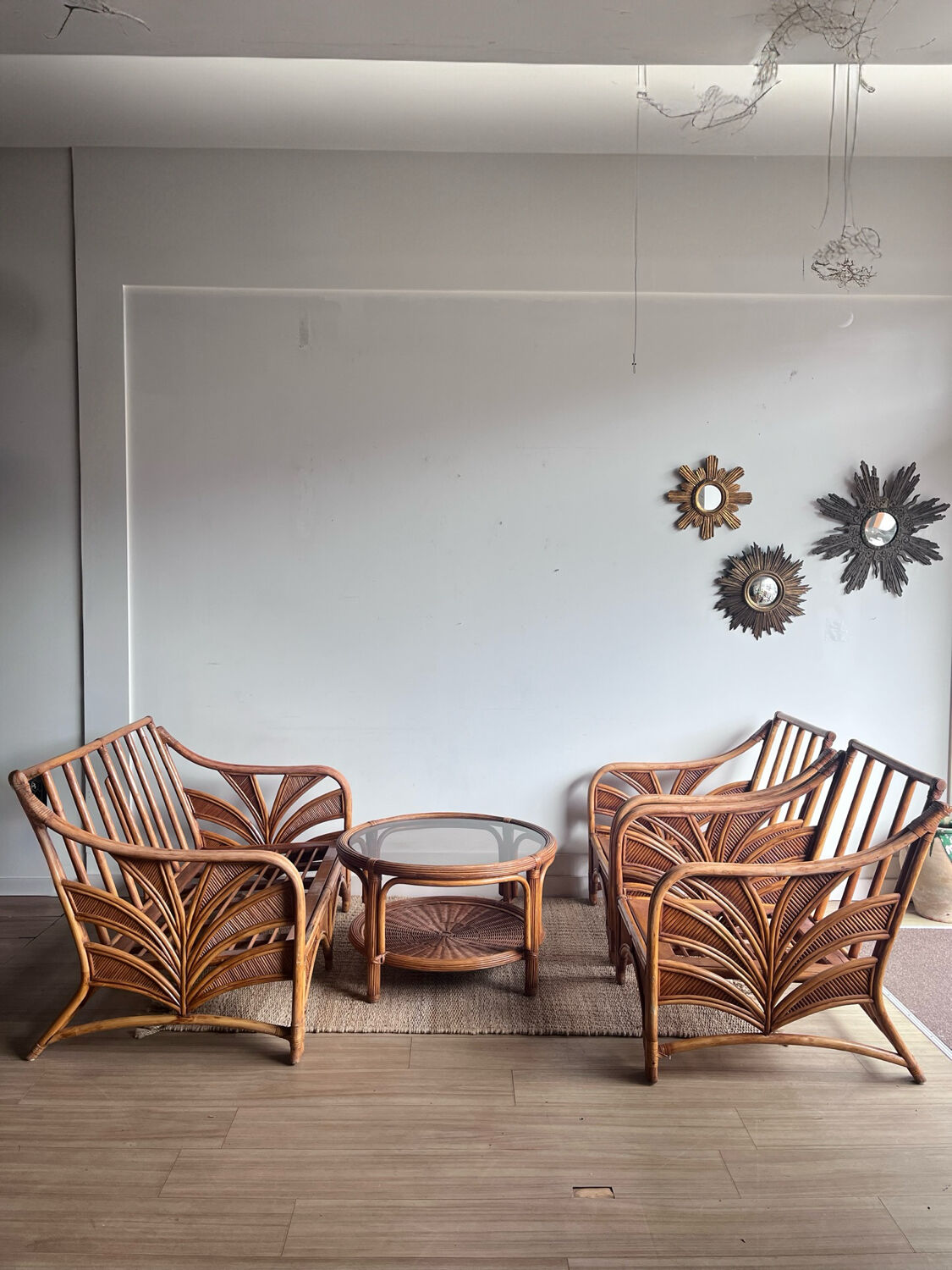 Rattan lounge set with 2 armchairs and a 'Palm Leaf' sofa from Vivai del Sud.