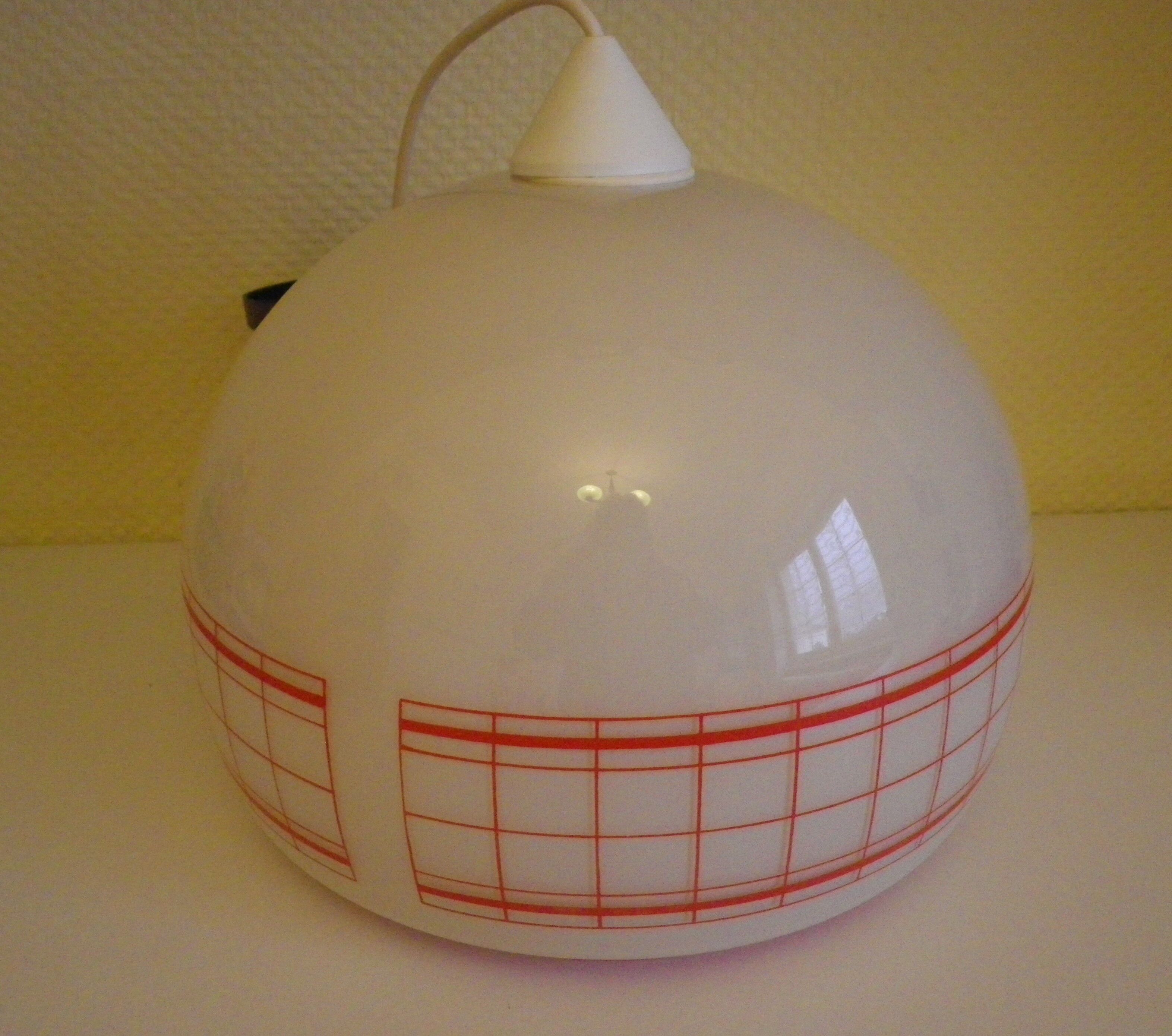 Space age pendant lamp, white opaline with orange silkscreened geometric designs