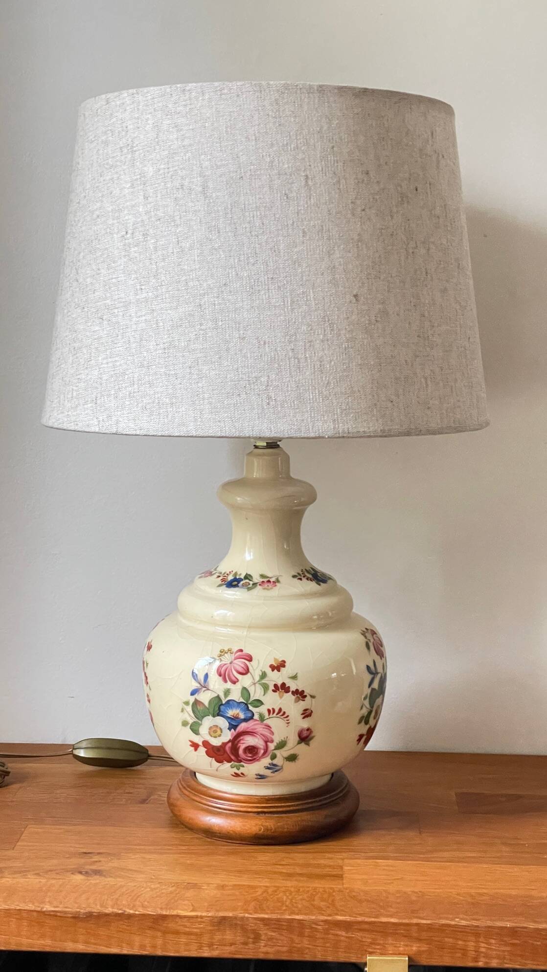 Vintage Ceramic Lamp with Wooden Base