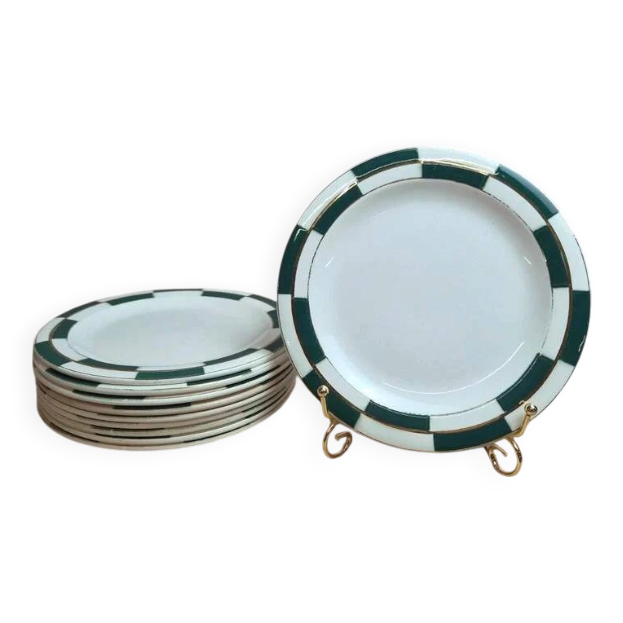 Set of 10 dessert plates Salins – Opaceline Jamier Green – vintage checkered