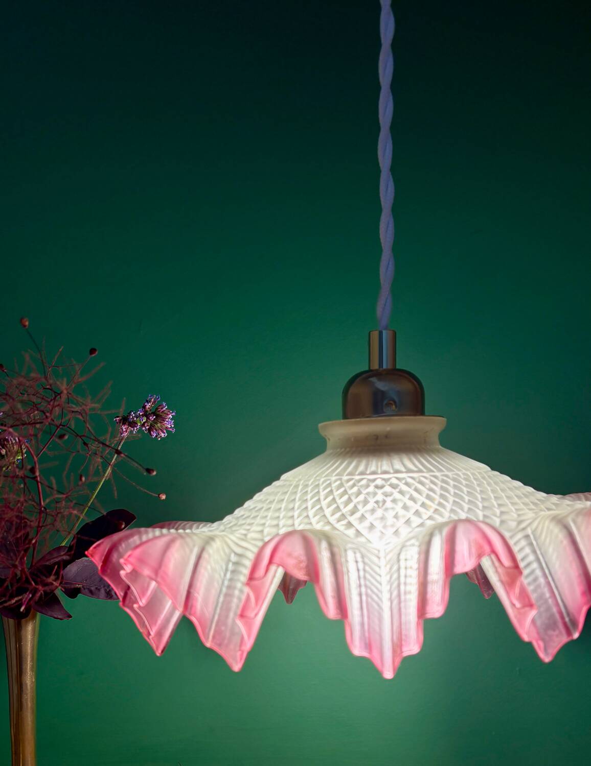 Vintage frosted glass pendant lampshade, half pink, half transparent