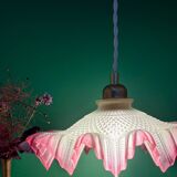 Vintage frosted glass pendant lampshade, half pink, half transparent